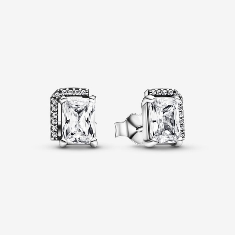 Sterling Silver Pandora Rectangular Sparkling Halos Stud Earrings | FQCN31587