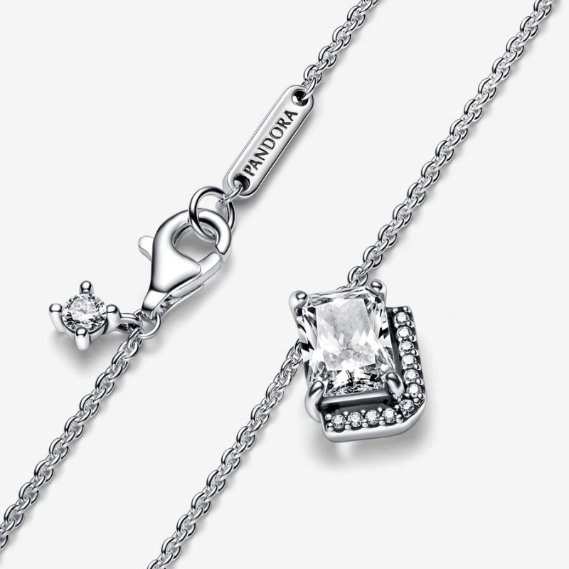 Sterling Silver Pandora Rectangular Sparkling Halo Collier Pendant Necklaces | MTHW87164