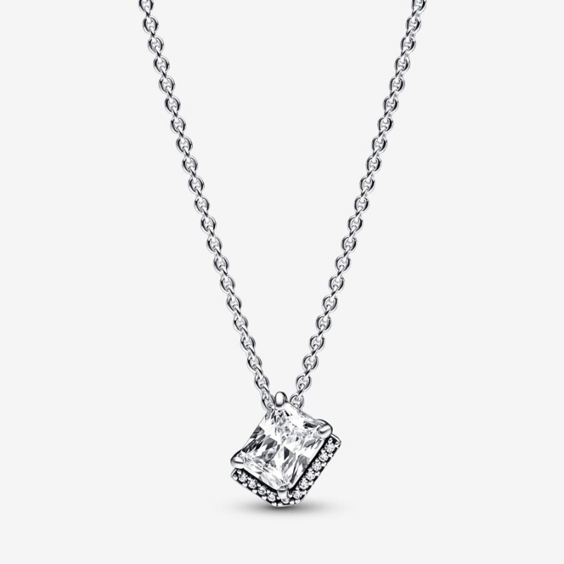 Sterling Silver Pandora Rectangular Sparkling Halo Collier Pendant Necklaces | MTHW87164