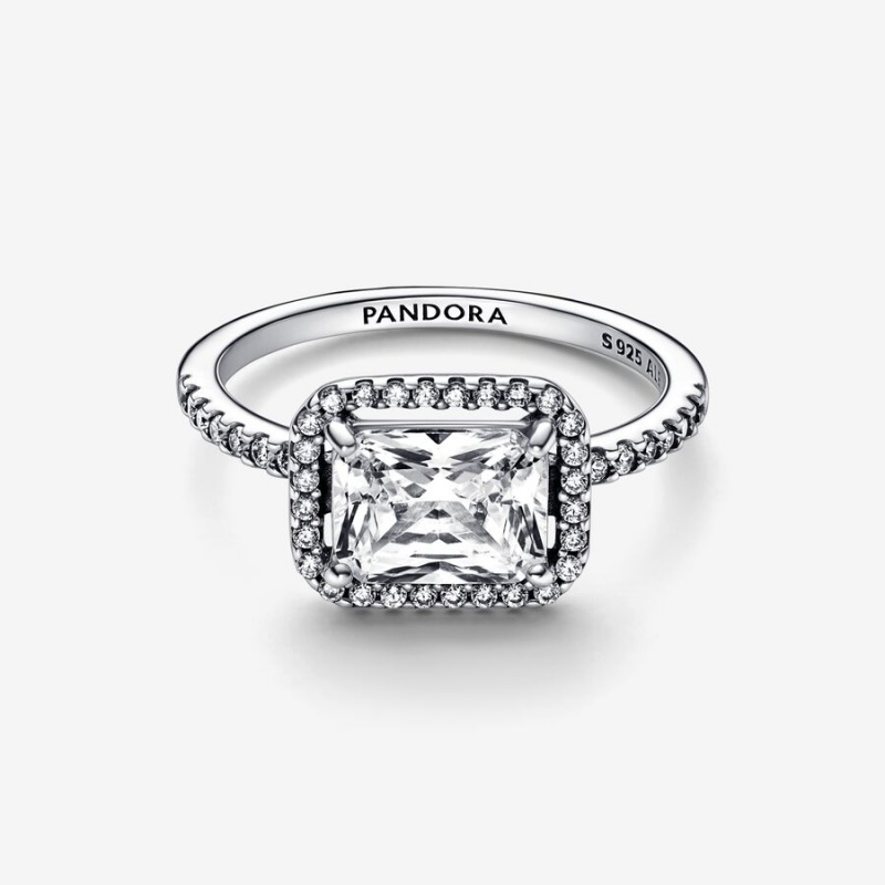 Sterling Silver Pandora Rectangular Sparkling Halo Statement Rings | GDIS57801