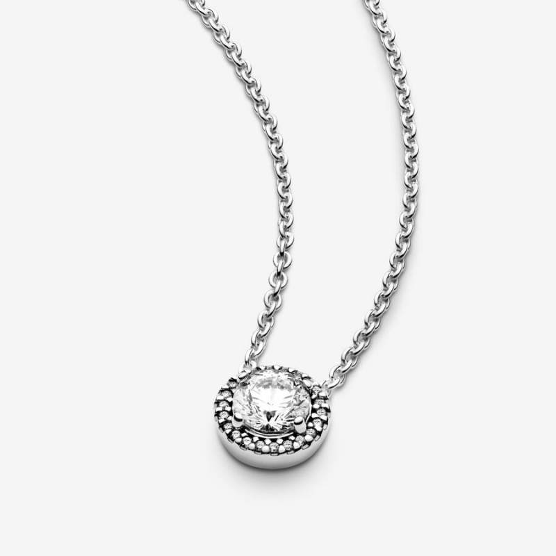 Sterling Silver Pandora Round Sparkle Halo Chain Necklaces | EQML72534