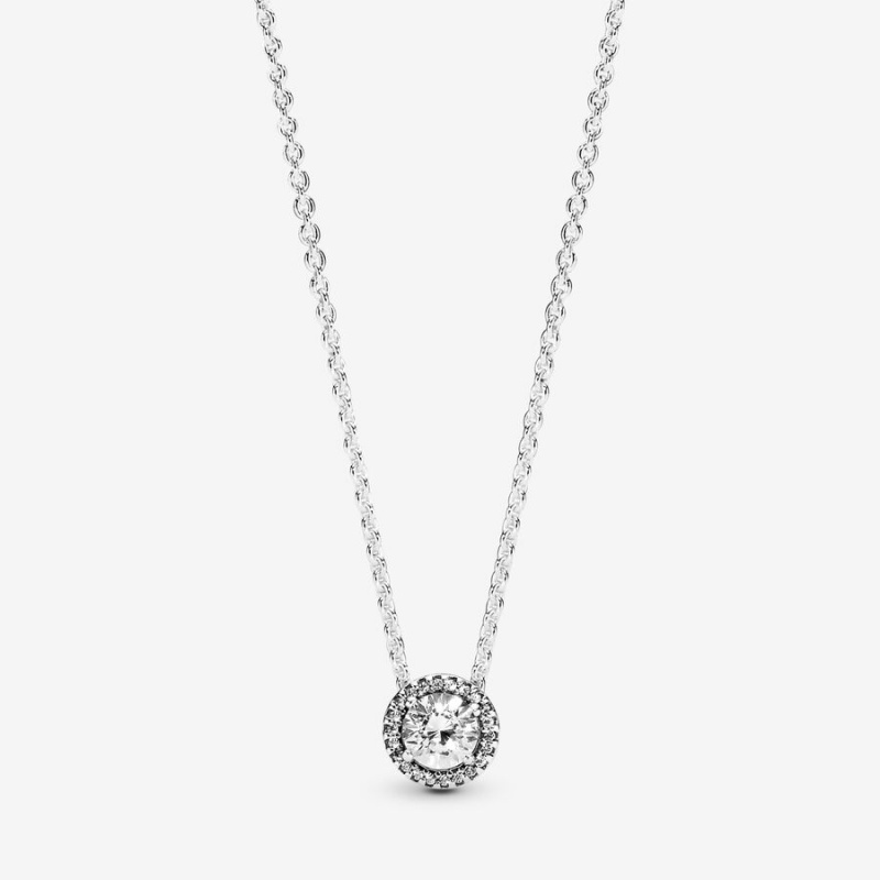 Sterling Silver Pandora Round Sparkle Halo Chain Necklaces | EQML72534