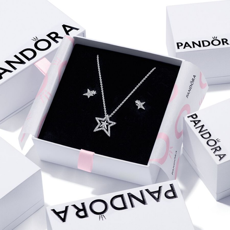 Sterling Silver Pandora Sparkling Asymetric Star Jewelry Gift Set Pendant Necklaces | YVGU20673