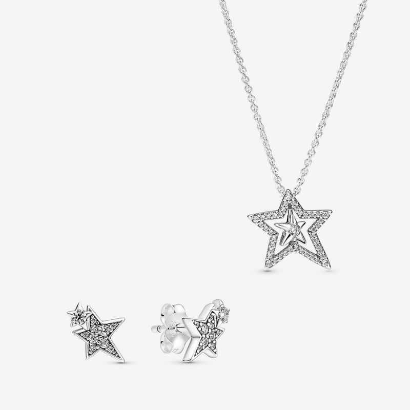 Sterling Silver Pandora Sparkling Asymetric Star Jewelry Gift Set Pendant Necklaces | YVGU20673