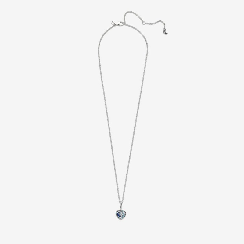 Sterling Silver Pandora Sparkling Blue Moon & Stars Heart Pendant Necklaces | NQAR30928