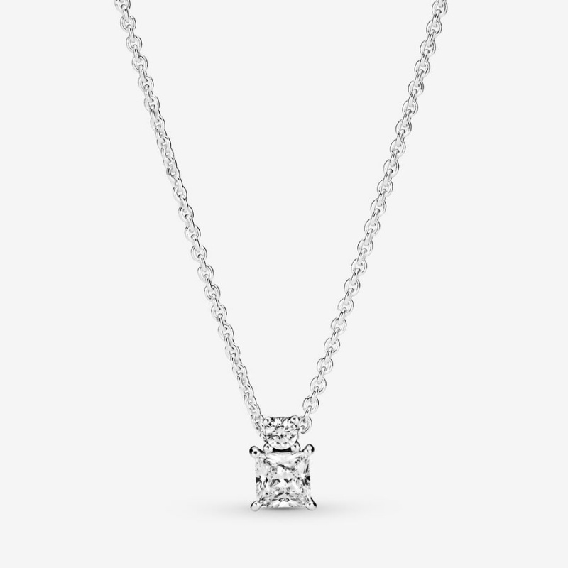 Sterling Silver Pandora Sparkling Collier Round & Square Pendant Necklaces | NFYR13207