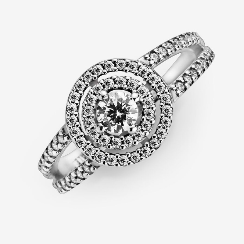 Sterling Silver Pandora Sparkling Double Halo Halo & Solitaire Rings | XIRK20814