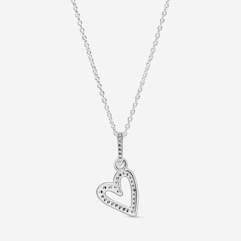 Sterling Silver Pandora Sparkling Freehand Heart Pendant Necklaces | JNSY68704