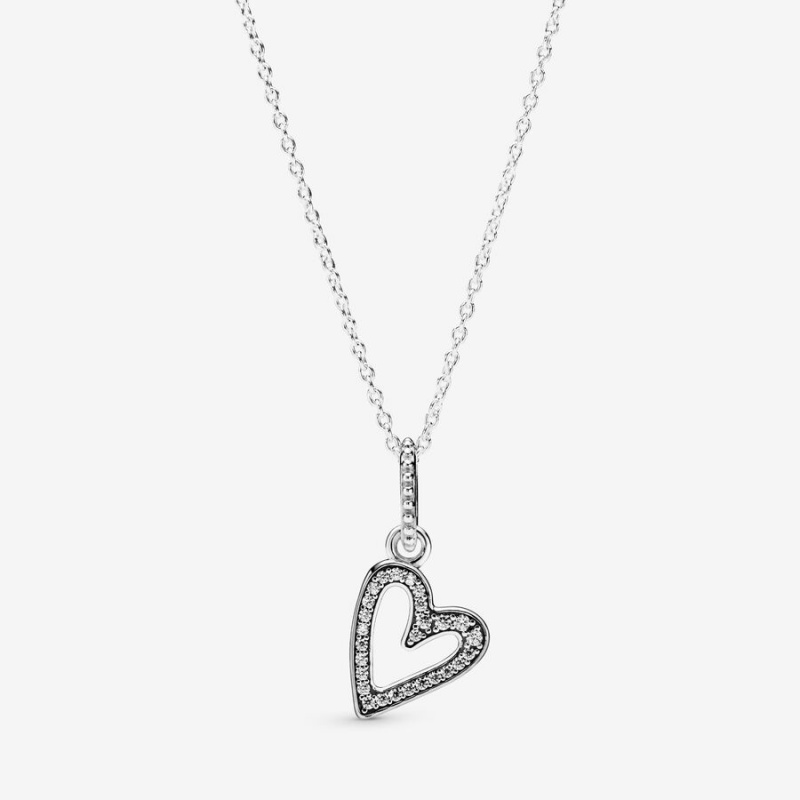 Sterling Silver Pandora Sparkling Freehand Heart Pendant Necklaces | JNSY68704