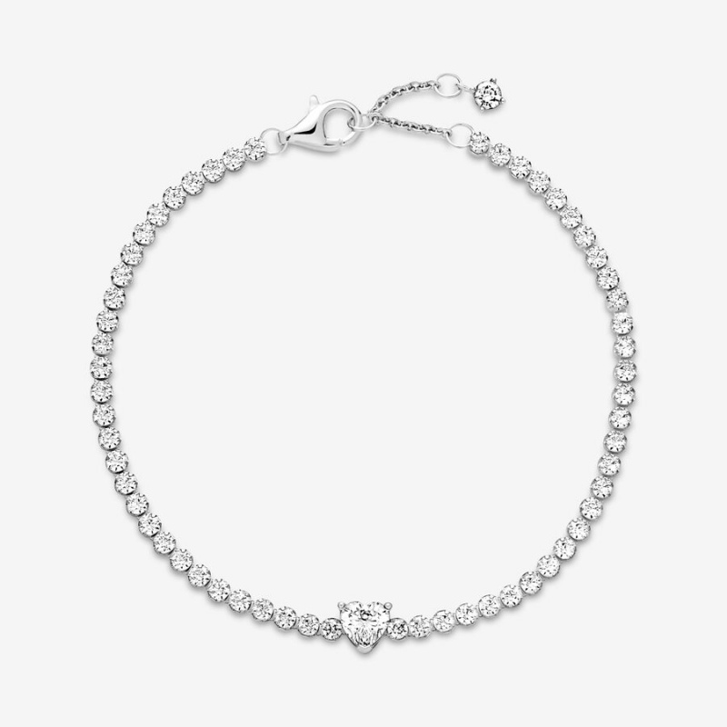 Sterling Silver Pandora Sparkling Heart Tennis Chain Bracelets | ESWL48561