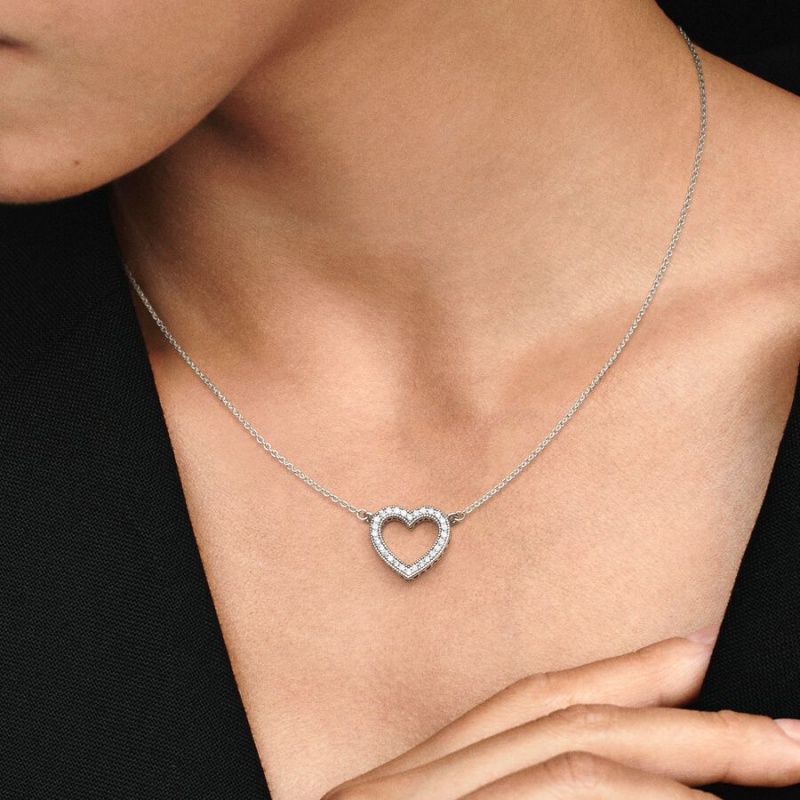 Sterling Silver Pandora Sparkling Open Heart Chain Necklaces | PHUD72938