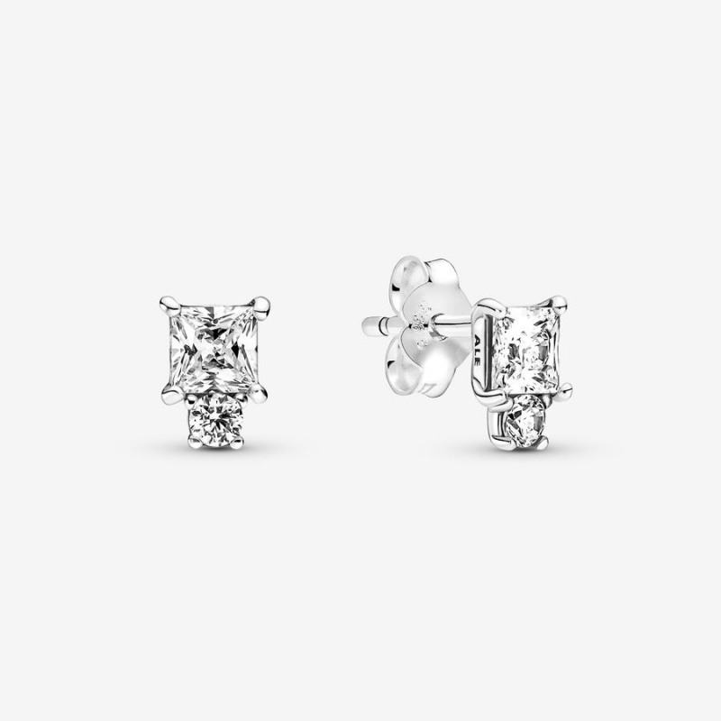 Sterling Silver Pandora Sparkling Round & Square Stud Earrings | SIJQ69527