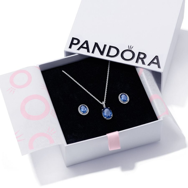 Sterling Silver Pandora Sparkling Statement Halo Jewelry Gift Set Necklace & Earring Sets | IHVC74895