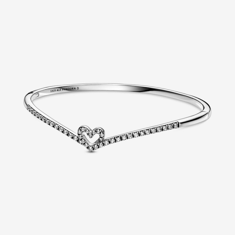 Sterling Silver Pandora Sparkling Wishbone Heart Bangle Bangles | PSKI27459