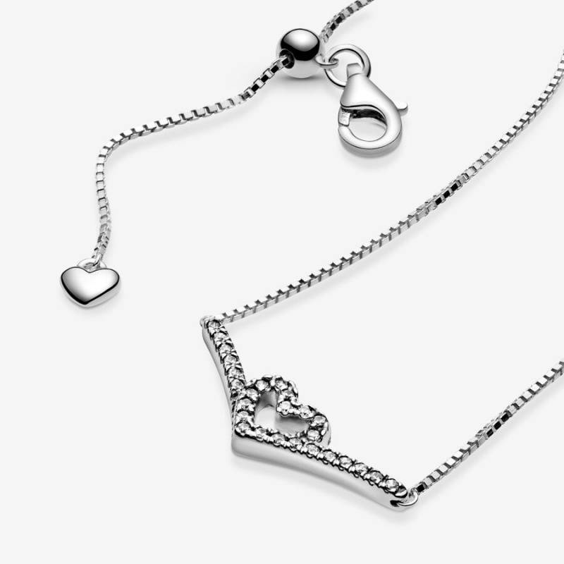 Sterling Silver Pandora Sparkling Wishbone Heart Collier Pendant Necklaces | QPBE20918