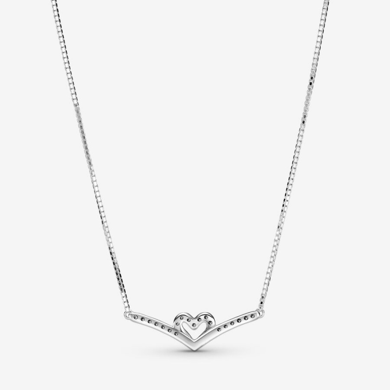 Sterling Silver Pandora Sparkling Wishbone Heart Collier Pendant Necklaces | QPBE20918