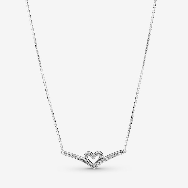 Sterling Silver Pandora Sparkling Wishbone Heart Collier Pendant Necklaces | QPBE20918