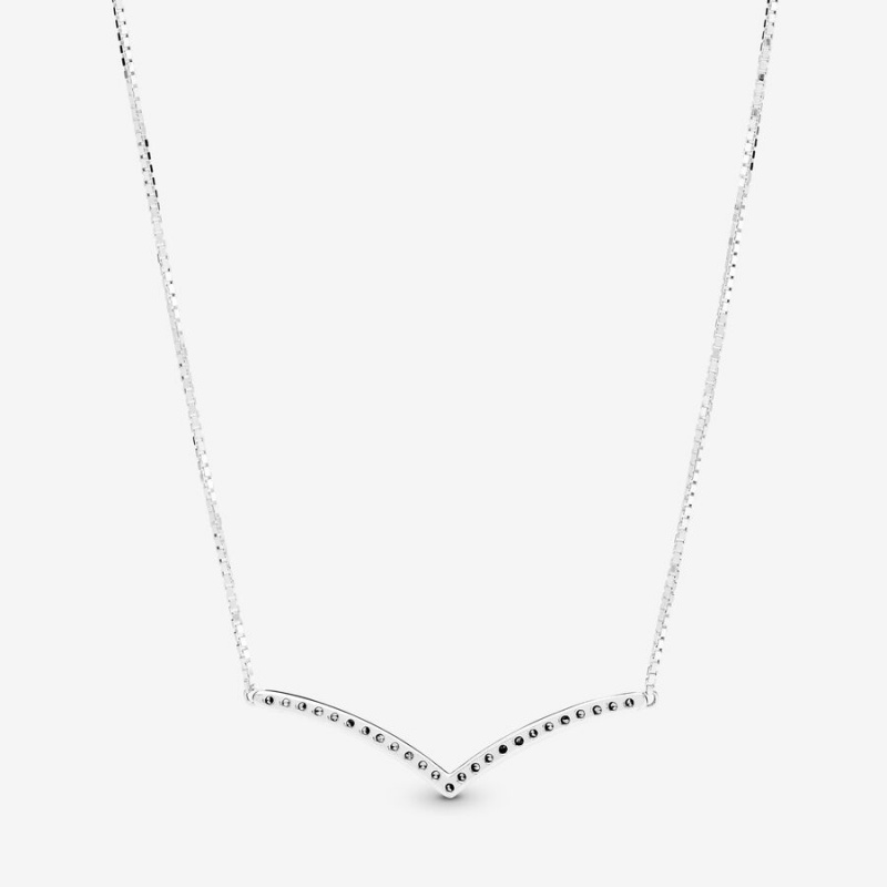 Sterling Silver Pandora Sparkling Wishbone Pendant Necklaces | NDLG64513