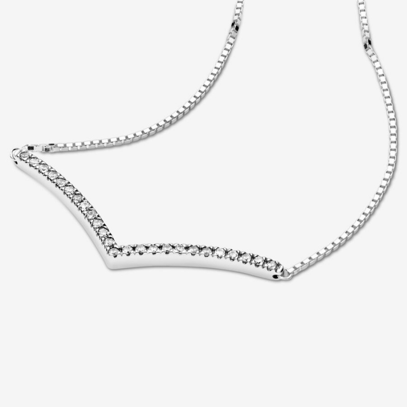 Sterling Silver Pandora Sparkling Wishbone Pendant Necklaces | NDLG64513