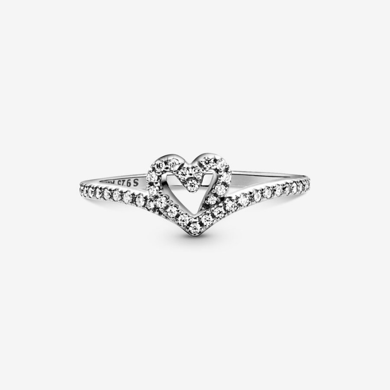 Sterling Silver Pandora Sparkling Wishbone Heart & Promise Rings | UKZX68370