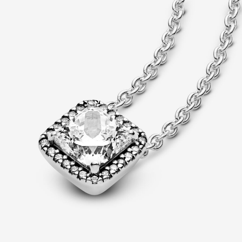 Sterling Silver Pandora Square Sparkle Halo Chain Necklaces | IAPG21763