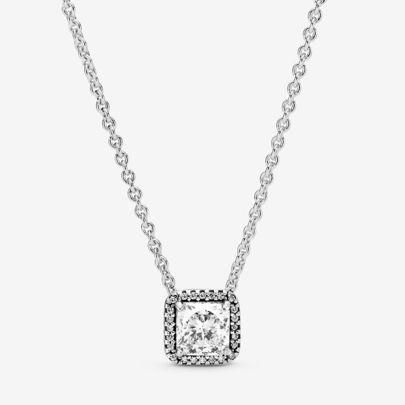 Sterling Silver Pandora Square Sparkle Halo Chain Necklaces | IAPG21763