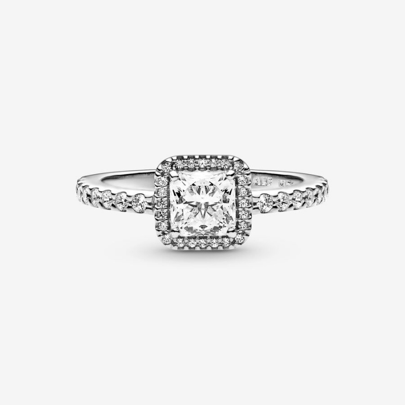 Sterling Silver Pandora Square Sparkle Halo Halo & Solitaire Rings | OXLU25186