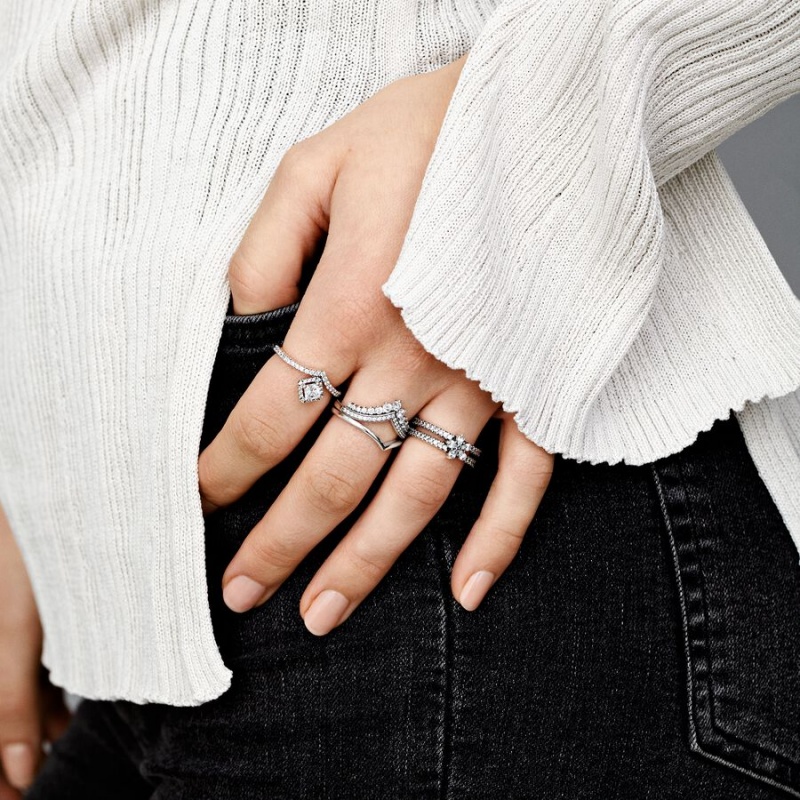 Sterling Silver Pandora Square Sparkle Wishbone Statement Rings | WSVB12643