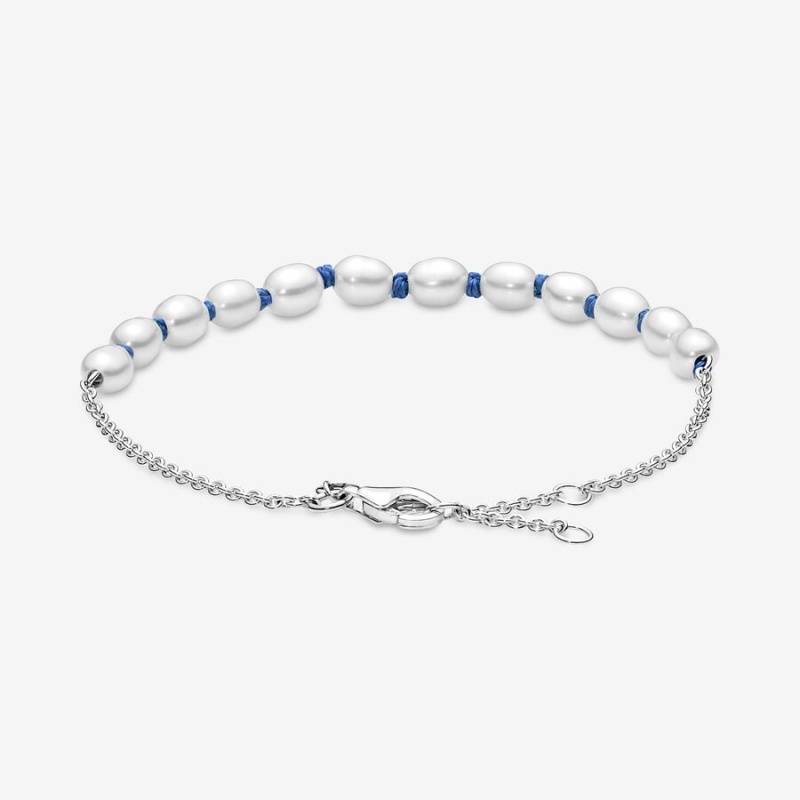 Sterling Silver Pandora Treated Freshwater Cultured Pearl Blue Cord Non-charm Bracelets | YJPL87540