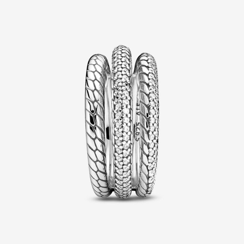 Sterling Silver Pandora Triple Band Pavé Snake Chain Pattern Statement Rings | GVZT03197