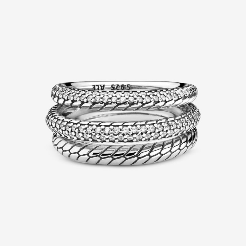 Sterling Silver Pandora Triple Band Pavé Snake Chain Pattern Statement Rings | GVZT03197