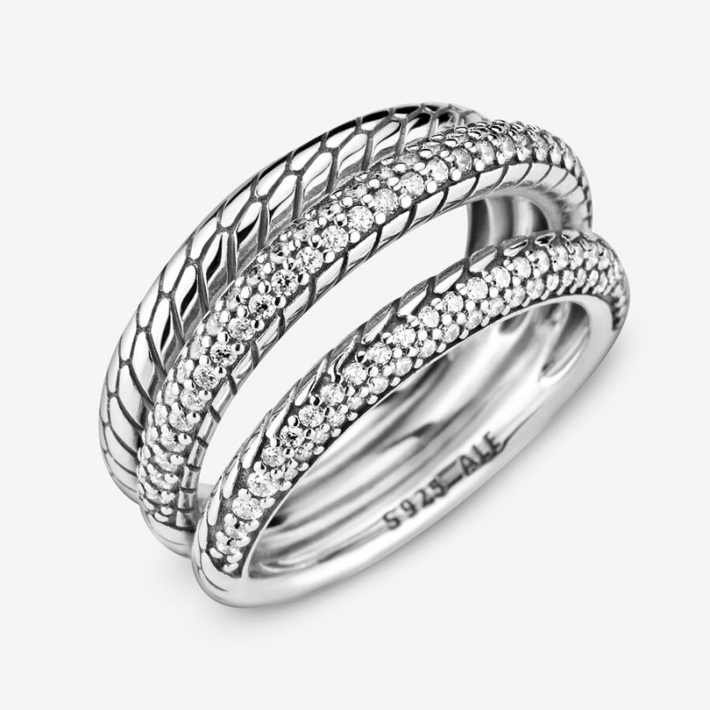 Sterling Silver Pandora Triple Band Pavé Snake Chain Pattern Statement Rings | GVZT03197