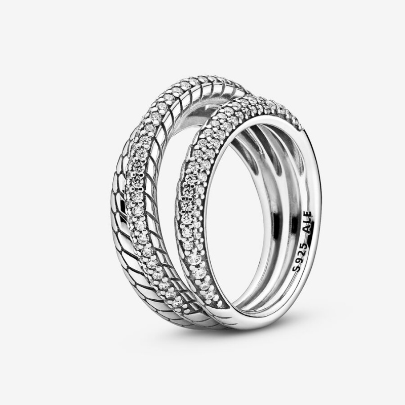 Sterling Silver Pandora Triple Band Pavé Snake Chain Pattern Statement Rings | GVZT03197