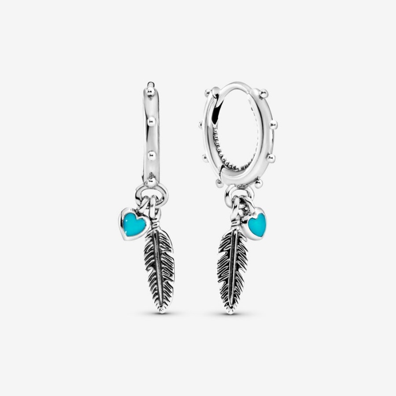 Sterling Silver Pandora Turquoise Hearts and Feather Drop Earrings | DARV53041