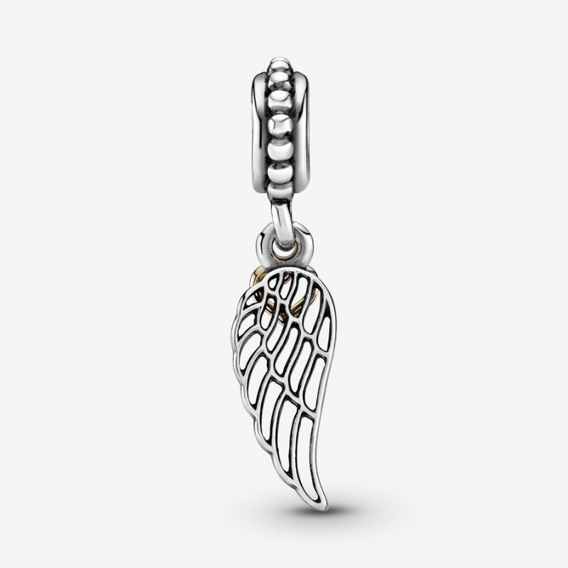 Two-tone Pandora Angel Wing and Heart Dangle Dangle Charms | AMUW39407