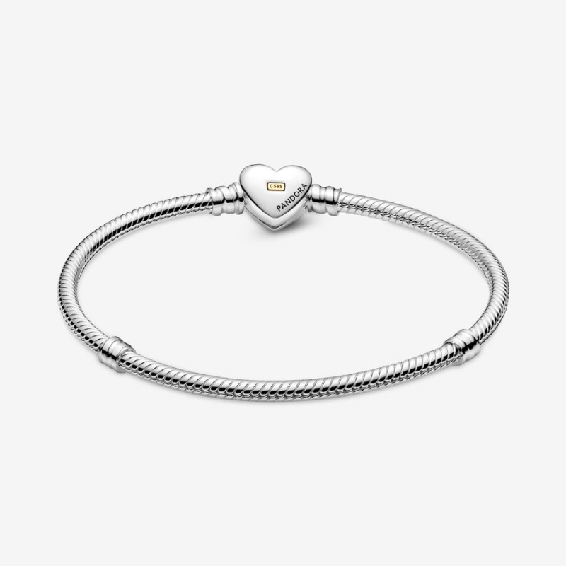 Two-tone Pandora Domed Golden Heart Clasp Snake Charm Bracelets | IJOM41307