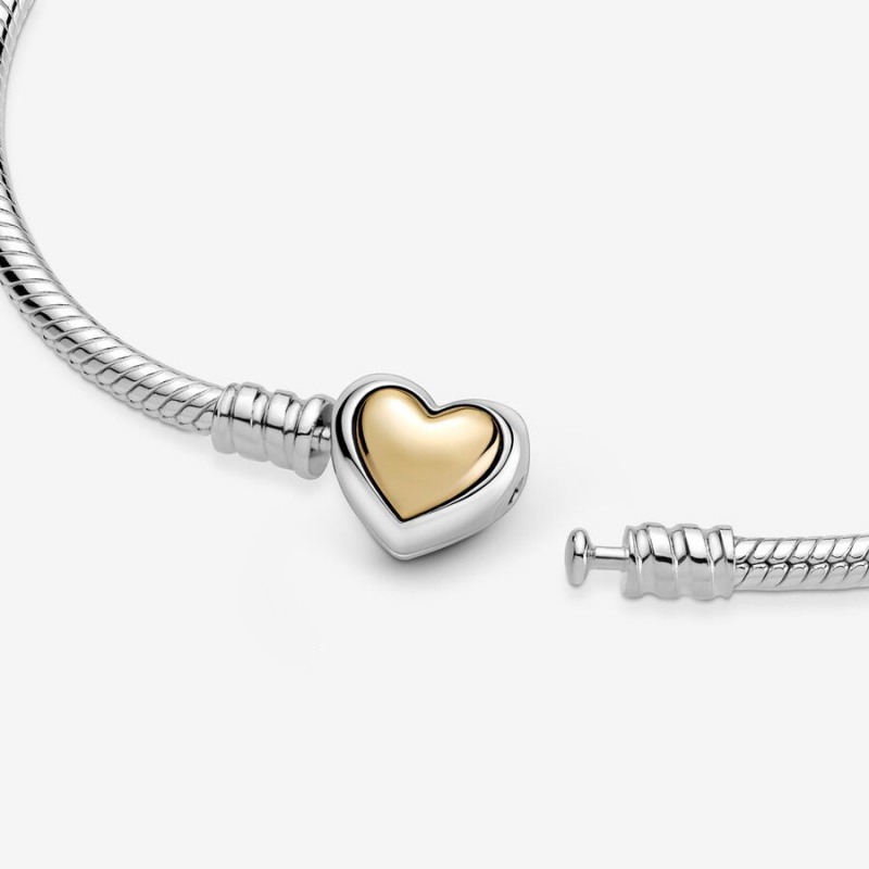 Two-tone Pandora Domed Golden Heart Clasp Snake Charm Bracelets | IJOM41307