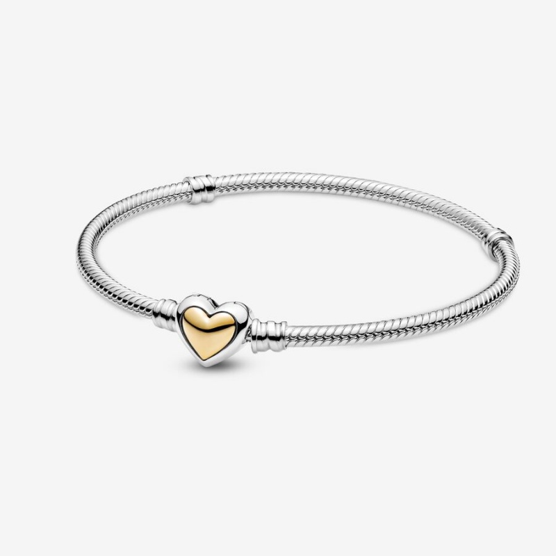 Two-tone Pandora Domed Golden Heart Clasp Snake Charm Bracelets | IJOM41307