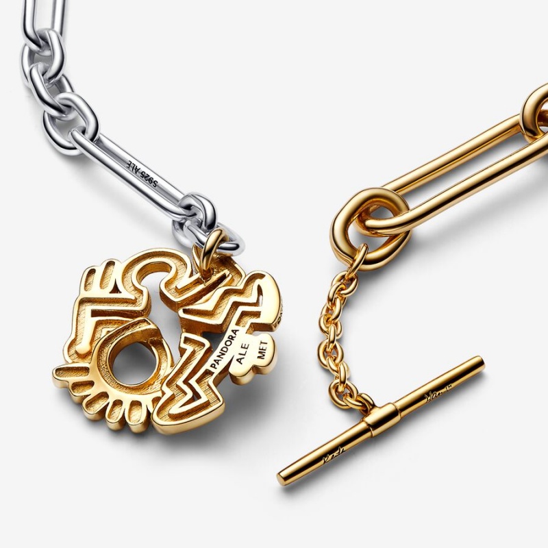 Two-tone Pandora Keith Haring x Two-tone Twisted Figure T Bar Pendant Necklaces | VQUD15240