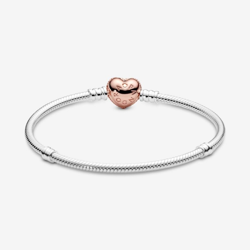 Two-tone Pandora Moments Pavé Heart Clasp Snake Charm Holders | SDVI96314