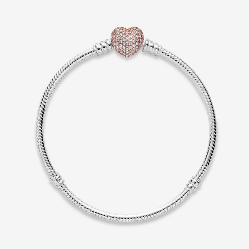 Two-tone Pandora Moments Pavé Heart Clasp Snake Chain Bracelets | JXLB89513