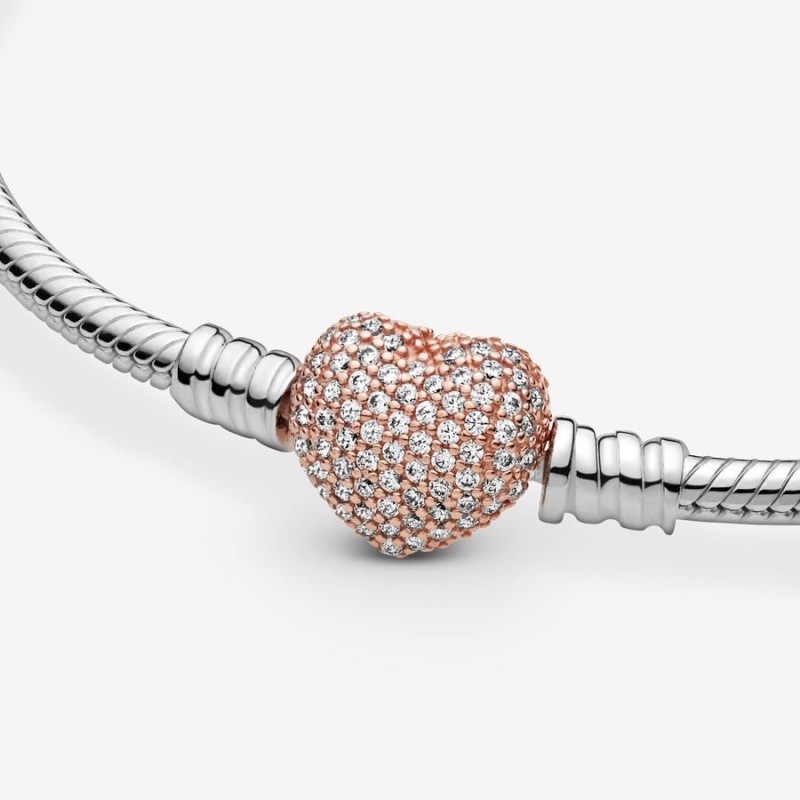 Two-tone Pandora Moments Pavé Heart Clasp Snake Chain Bracelets | JXLB89513