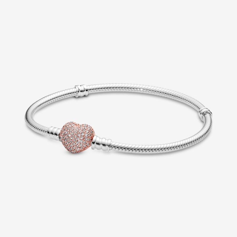 Two-tone Pandora Moments Pavé Heart Clasp Snake Chain Bracelets | JXLB89513