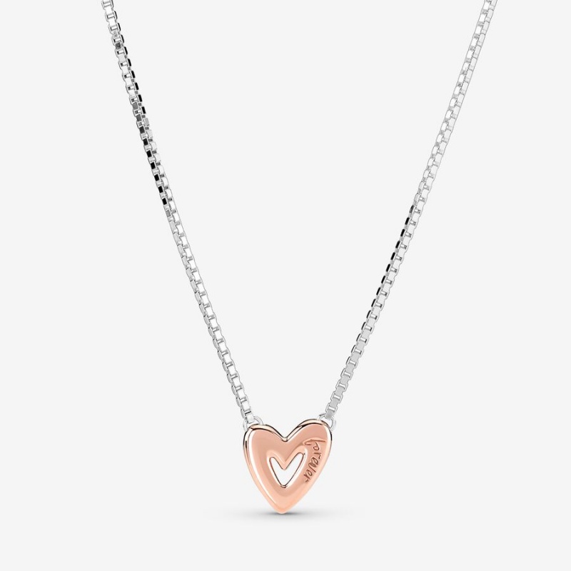 Two-tone Pandora Sparkling Freehand Heart Pendant Necklaces | RFTO06148