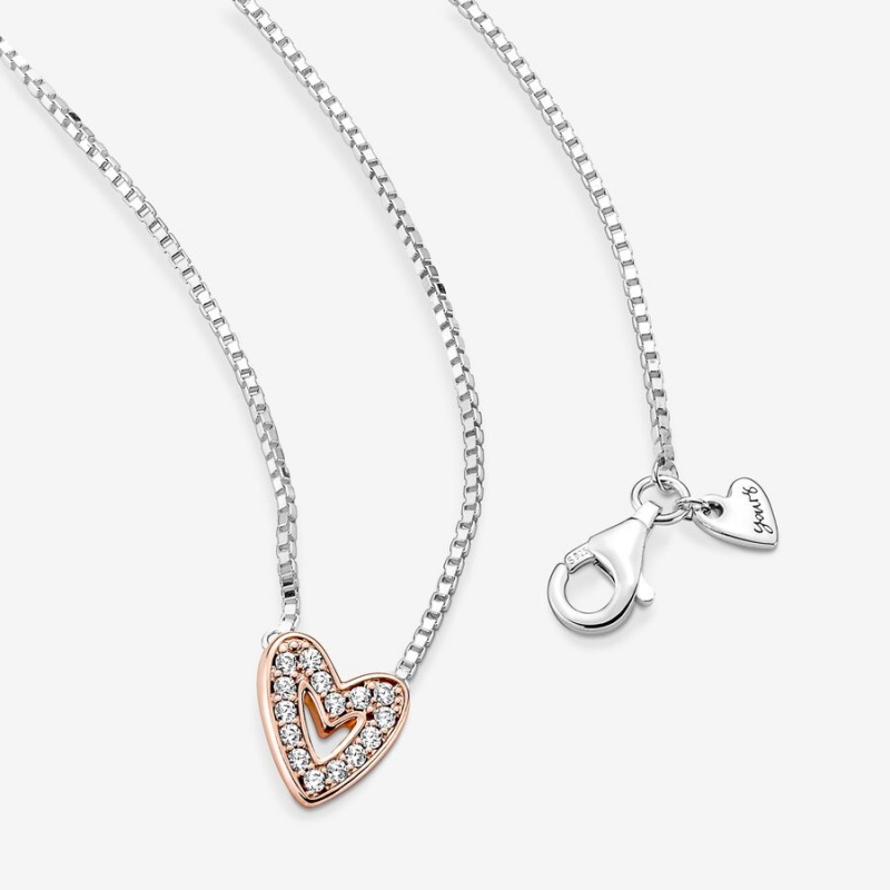 Two-tone Pandora Sparkling Freehand Heart Pendant Necklaces | RFTO06148